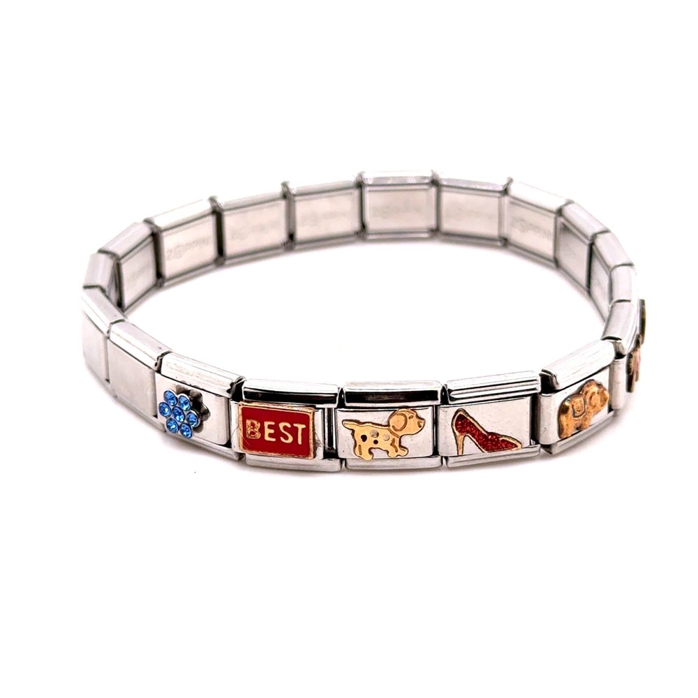 Zoppini Nomination Italian Charm Bracelet Stainless Steel Dog Heart Flower 6.75"